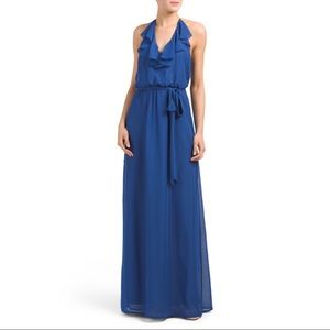 Blue Ruffle Halter Chiffon Maxi Dress - NWT